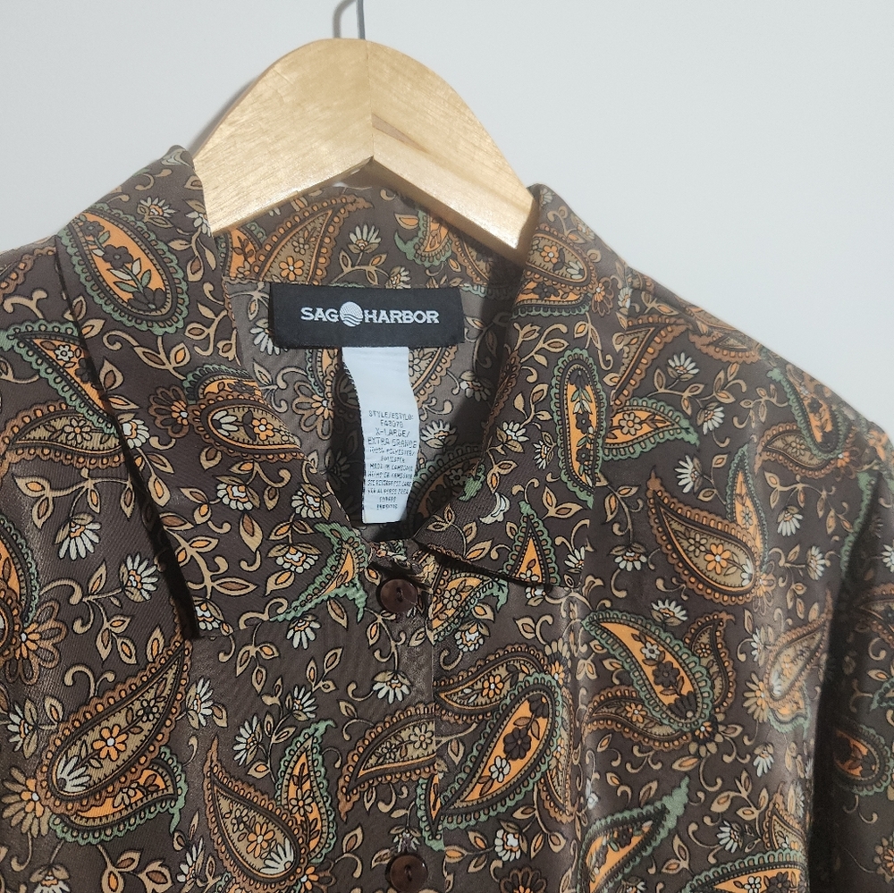 Sag Harbor Button Up Blouse Brown Paisley Border Print Padded Shoulder XL - Picture 4 of 8